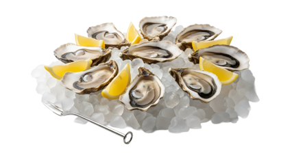 Freshly shucked oysters on ice with lemon wedges, ready to eat isolated on a transparent background