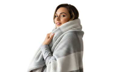 A woman wrapped in a cozy blanket looking towards viewer. A portrait showcasing comfort and serenity, exuding warmth and relaxation isolated on a transparent background