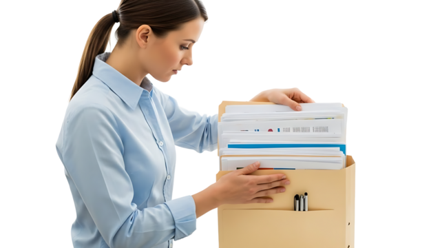 A woman carefully organizing documents in a file folder isolated on a transparent background - Powered by Adobe