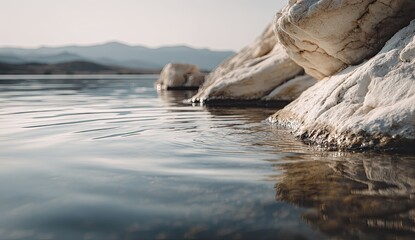 Naklejka premium Calm lake with white rocks in the foreground, mountains in the distance, soft light