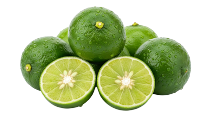 Fresh green limes with water droplets on a table, with two halves of the lime cut open, showing the juicy interior. Perfect for culinary needs isolated on a transparent background