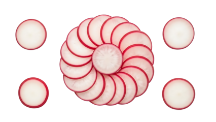 Sliced radishes arranged in a creative pattern. The radishes are round with a vibrant red edge. isolated on a transparent background