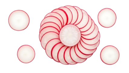 Sliced radish arranged in a circular pattern isolated on a transparent background