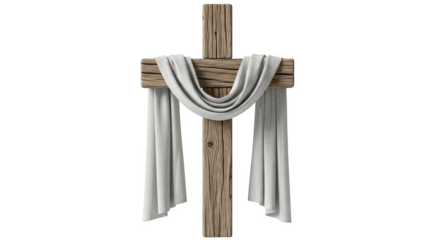 Rustic wooden cross draped with white fabric religious symbol