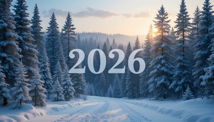 Winter landscape with year 2026 in snowy forest