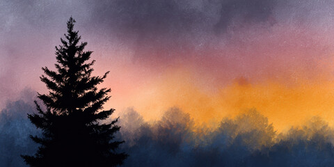 Fototapeta premium Pine tree silhouette sunrise misty forest colorful sky tranquil mood frame