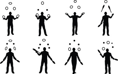 Juggler Silhouettes Throwing and Catching Rings Balls and Clubs Performing Artistic Show Acrobat Circus Entertainment Training Skill Set Vector