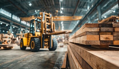 Fototapeta premium A yellow forklift truck maneuvers through an industrial wood processing plant, lumber stacked