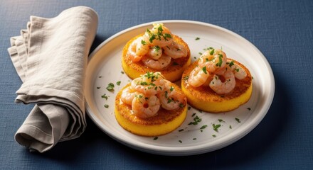 Three delicious shrimp and polenta appetizers garnished with fresh parsley, served on a white plate with a linen napkin on the side.