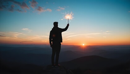 Silhouette of person holding sparkler against sunset sky