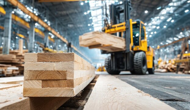 Large industrial warehouse shows lumber being moved by a forklift. Focus on wood and machinery