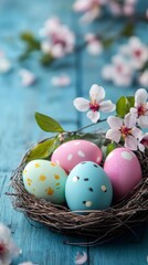 Obraz premium Colorful easter eggs nesting with spring blossoms