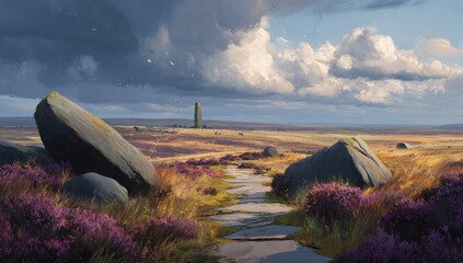 A stone path winds through a vibrant moorland, leading to a distant monolith under a cloudy sky