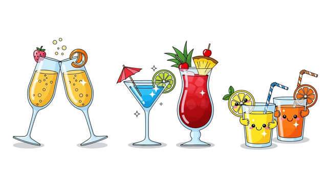 Colorful Cocktail and Juice Drinks Illustration Set for Party, Summer, Bar, and Celebration