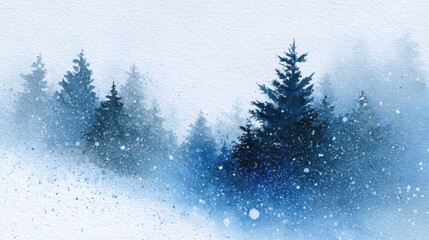 Glowing evergreen silhouette watercolor snowfall winter forest pine blue