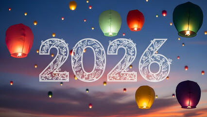 New year 2026 celebration with glowing sky lanterns flying in the evening sky at sunset