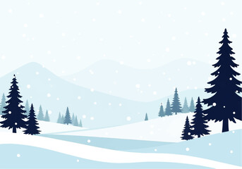 Blue Winter Landscape with Tall Pine Trees