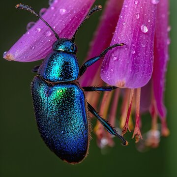 Cinematic Macro Shot of a Shiny Metallic Blue Beetle Climbing a Dew-Covered Flower With Extreme Color Saturation and Ultra-High Detail