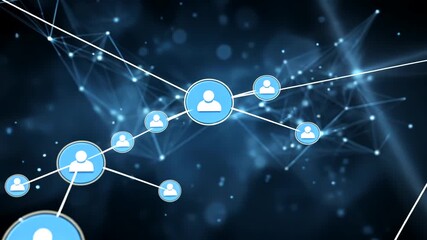 Abstract blue digital network with connected glowing nodes and human profile icons - Powered by Adobe