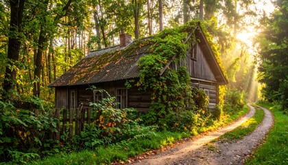 Sunlit rustic cabin nestled in a lush forest