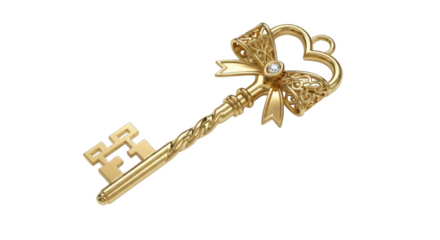Ornate Golden Skeleton Key with Bow and Diamond Accent antique