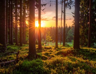 Sunlight filtering through a pine forest at sunset