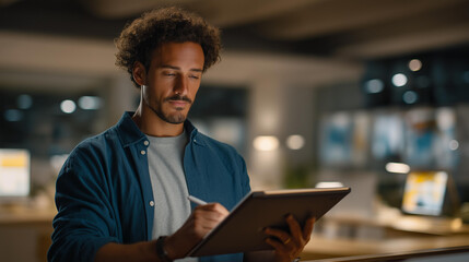 A UX designer sketching interface ideas on a tablet while referencing brand guidelines and mood boards on a laptop — a polished visual workflow showing digital design pipelines, prototyping