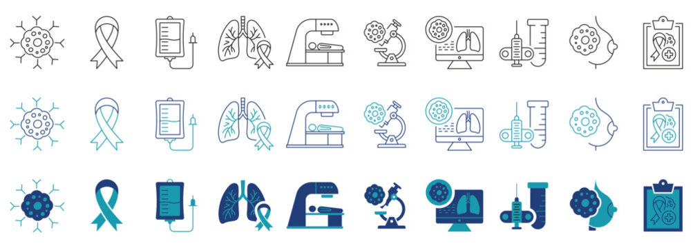 Oncology and cancer diagnosis icons set. Medical awareness, screening, and treatment symbols.