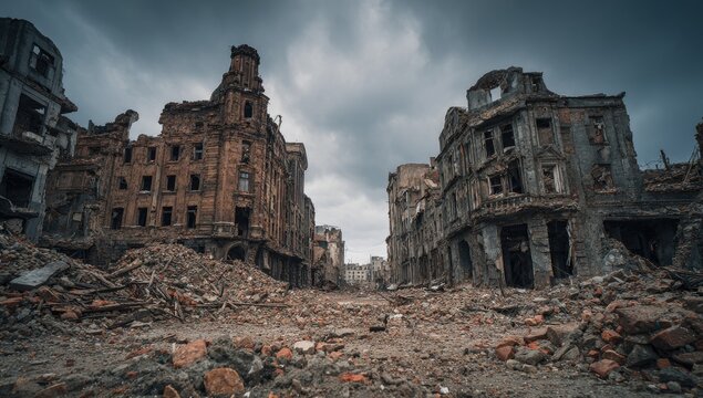 Devastated urban landscape of destroyed buildings, under a dramatic, overcast sky