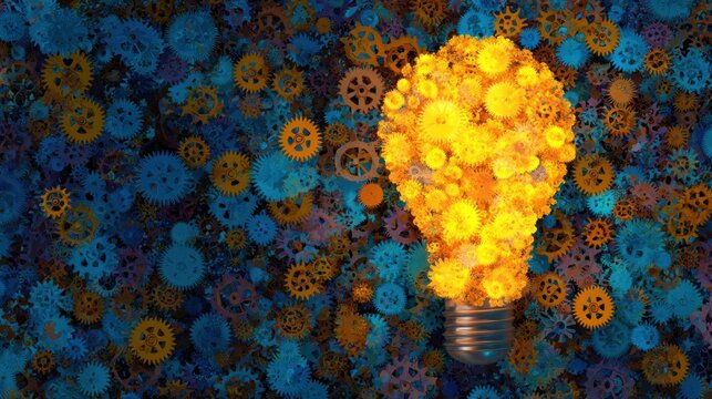 Light bulb made of gears with a background of cogs and wheels in colors