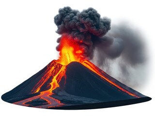 Volcano erupting with lava flowing down the side isolated on white background