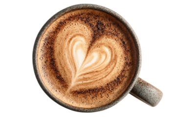 Coffee with Heart: A cup of cappuccino is artistically presented, the creamy foam is swirled to create a heart shape, evoking feelings of warmth and love, with a sprinkle of cocoa