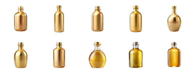 Collection of Bottle of gold color is shown isolated on transparent background