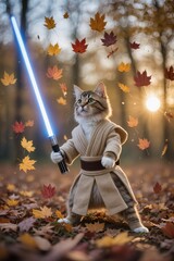 The cat jedi slashes his lightsaber through the autumn air, scattering leaves. A warm backlight flares as he moves slowly with grace.