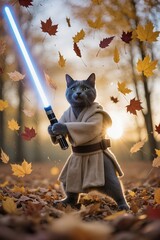 The cat jedi slashes his lightsaber through the autumn air, scattering leaves. A warm backlight flares as he moves slowly with grace.