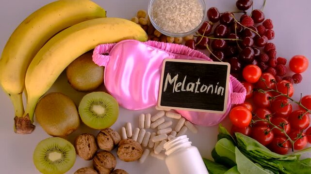 Foods containing melatonin on a beautiful background. Selective focus.