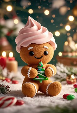 Create a supercute miniature baby gingerbread is sitting down and holding a colourful Christmas tree lollipop