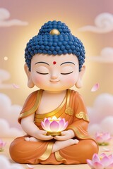 Fototapeta premium Cute chibi Tathagata Buddha in soft chibi form, holding lotus lantern, peaceful adorable.