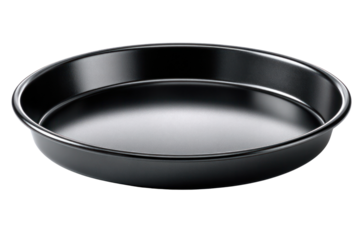Metal Baking Pan : A round, black metal baking pan sits, ready for the creation of delicious baked goods. Its smooth surface suggests culinary possibilities and baking