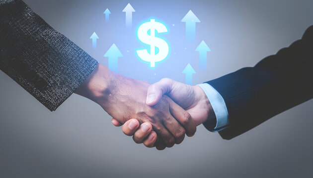 Financial collaboration concept with digital hands shaking beneath a dollar symbol and upward arrows.
