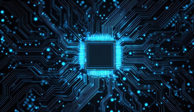 Close-up view of a digital circuit board with glowing blue lines and a central processor - Powered by Adobe