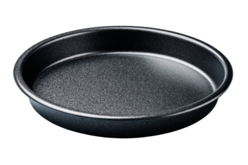 Circular Baking Pan: A close-up studio shot of a brand new, empty, circular black baking pan, perfect for creating delicious homemade treats.