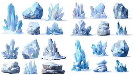 Detailed crystal and mineral illustrations in cool blue tones featuring clusters shards and gemstone formations ideal for fantasy themes nature design and geology projects.