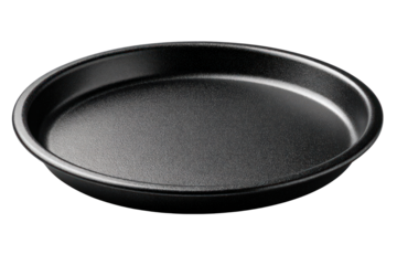 Simple Pizza Pan: A clean, close-up shot of an empty pizza pan, its dark surface hinting at culinary possibilities. The circular design of the pan is evident.