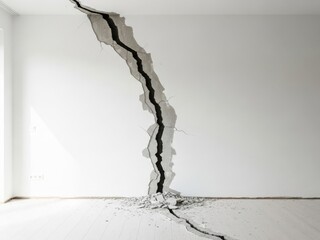 Large crack in the white wall of an empty room after an earthquake