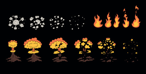 Set of explosions and smoke. Explosion mushroom animation. Vector icon of nuclear explosion bomb. Explosion with cloud of fire isolated icons, game animation. Nuclear mushroom fireball.