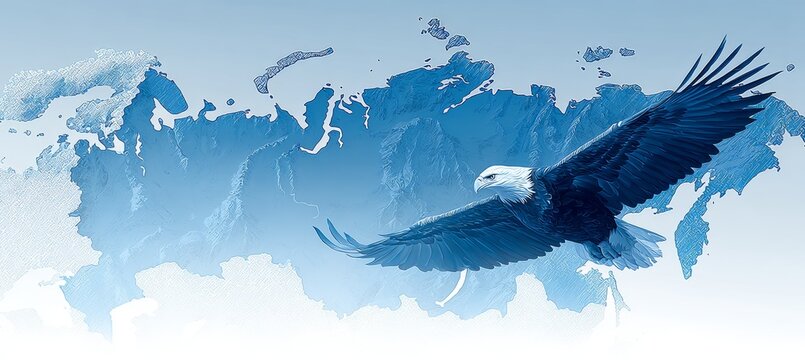 Eagle flying and Russia frozen blue map. Generative AI technology.