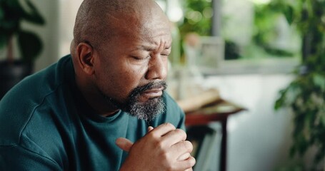 Home, thinking and black man with reflection, retirement and sad with mental health. Mature person, african guy and pensioner with nostalgia, memory and doubt with daydreaming in house lounge