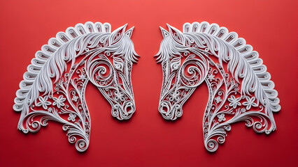 Two ornate white lace horse head silhouettes facing each other against a vibrant red background, detailed filigree design