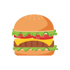 A colorful flat design illustration of a cheeseburger with lettuce, tomato, and a beef patty. Clean, minimal vector style suitable for food icons, menus, branding, stickers, and digital content.